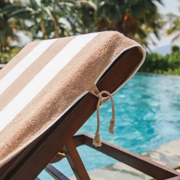 TIE and DRY Cabana Stripe Collection Towel Tied to Sun Lounger